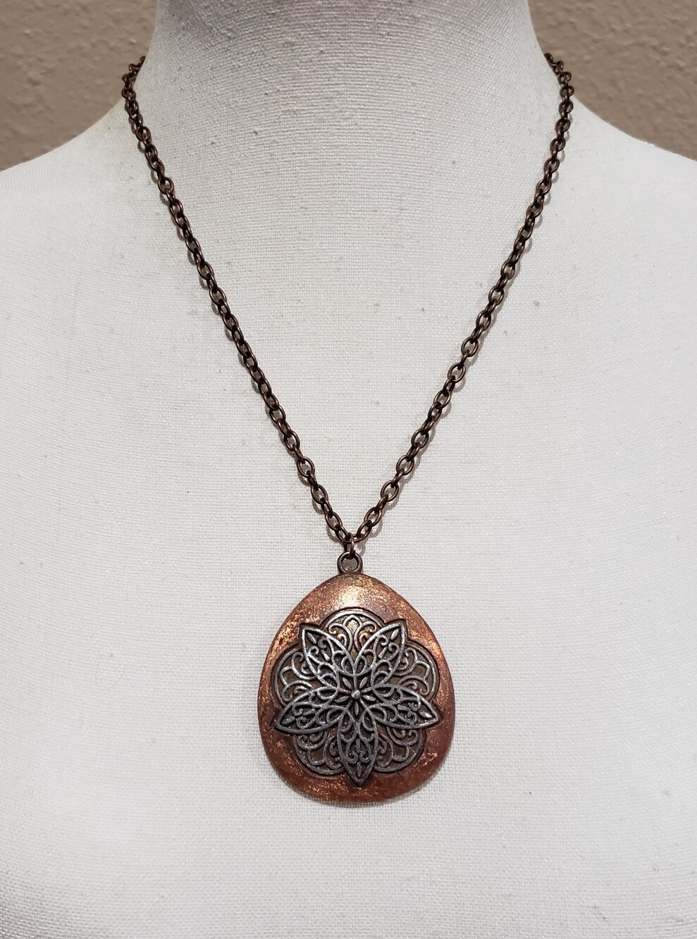 Copper Teardrop Pendant Necklace with Filigree Design